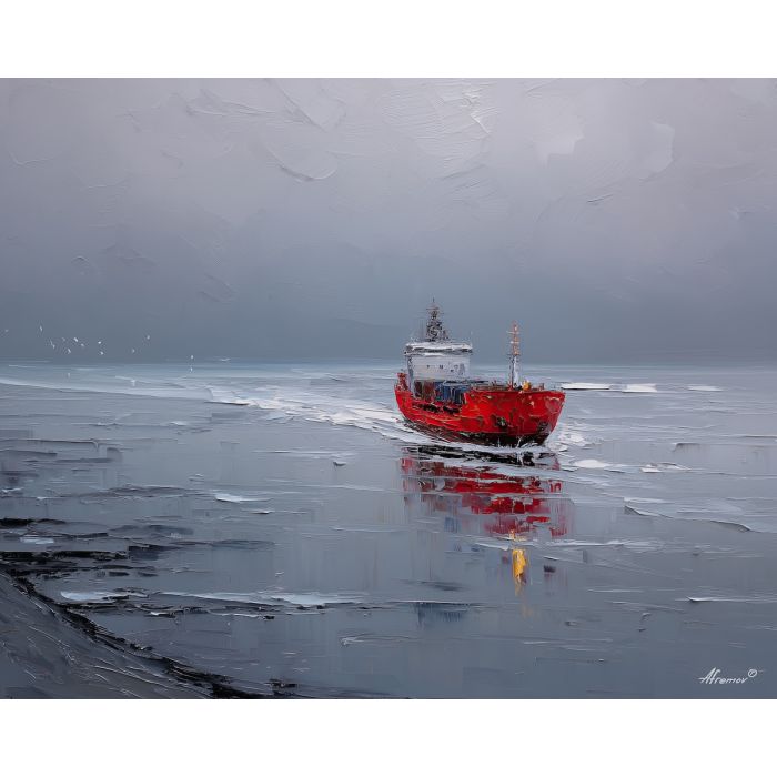 remote, gray, channel, northern seascape, cold sea, arctic ocean, cargo ship, coastal water, palette knife, oil painting, impasto, thick paint, textured surface, marine scene, cold atmosphere, painterly seascape, material depth, northern light