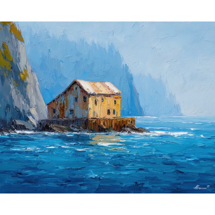 remote, harbor, northern seascape, cold sea, arctic ocean, house, coastal water, palette knife, oil painting, impasto, thick paint, textured surface, marine scene, cold atmosphere, painterly seascape, material depth, northern light