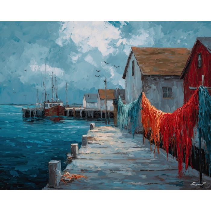 rough, sea, northern seascape, cold sea, arctic ocean, fishing nets, coastal water, palette knife, oil painting, impasto, thick paint, textured surface, marine scene, cold atmosphere, painterly seascape, material depth, northern light