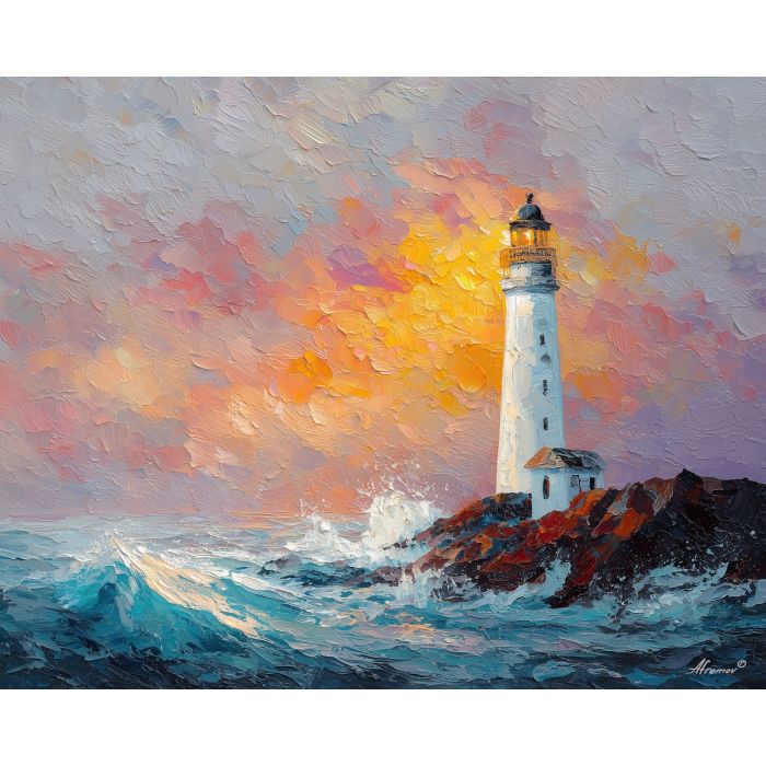 rough, stretch, northern seascape, cold sea, arctic ocean, lighthouse, coastal water, palette knife, oil painting, impasto, thick paint, textured surface, marine scene, cold atmosphere, painterly seascape, material depth, northern light