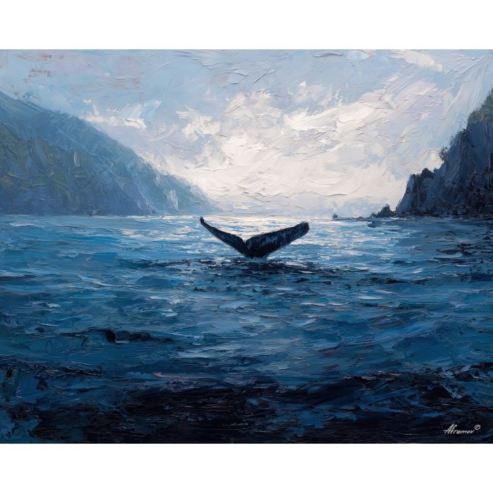 rough, wide, reach, northern seascape, cold sea, arctic ocean, whale, coastal water, palette knife, oil painting, impasto, thick paint, textured surface, marine scene, cold atmosphere, painterly seascape, material depth, northern light
