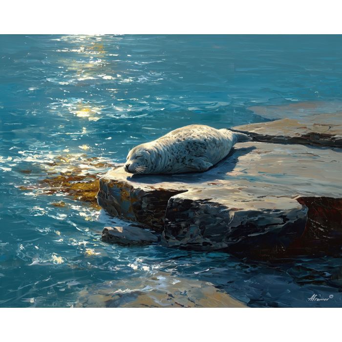 silent, channel, northern seascape, cold sea, arctic ocean, seal, coastal water, palette knife, oil painting, impasto, thick paint, textured surface, marine scene, cold atmosphere, painterly seascape, material depth, northern light