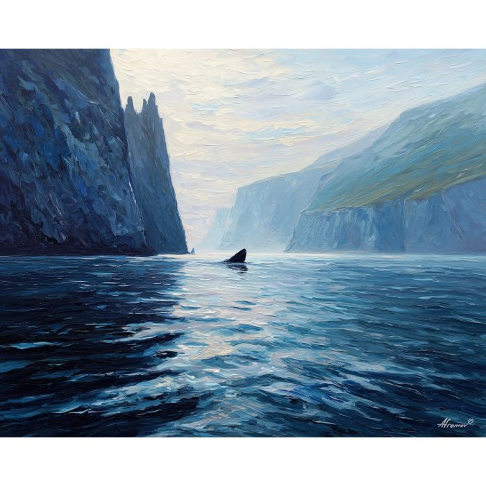 silent, water, northern seascape, cold sea, arctic ocean, whale, coastal water, palette knife, oil painting, impasto, thick paint, textured surface, marine scene, cold atmosphere, painterly seascape, material depth, northern light