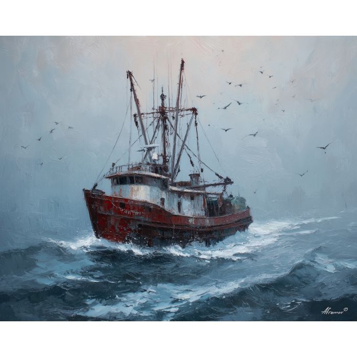 steel, harbor, northern seascape, cold sea, arctic ocean, trawler, coastal water, palette knife, oil painting, impasto, thick paint, textured surface, marine scene, cold atmosphere, painterly seascape, material depth, northern light