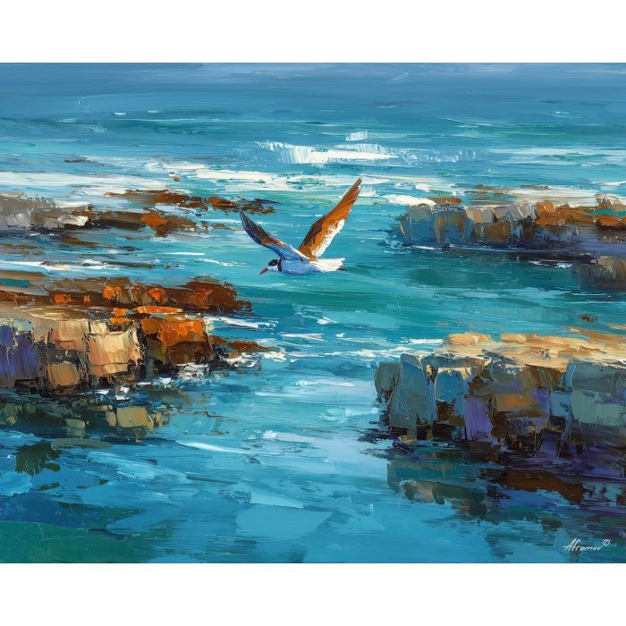 still, bay, northern seascape, cold sea, arctic ocean, seabird, coastal water, palette knife, oil painting, impasto, thick paint, textured surface, marine scene, cold atmosphere, painterly seascape, material depth, northern light