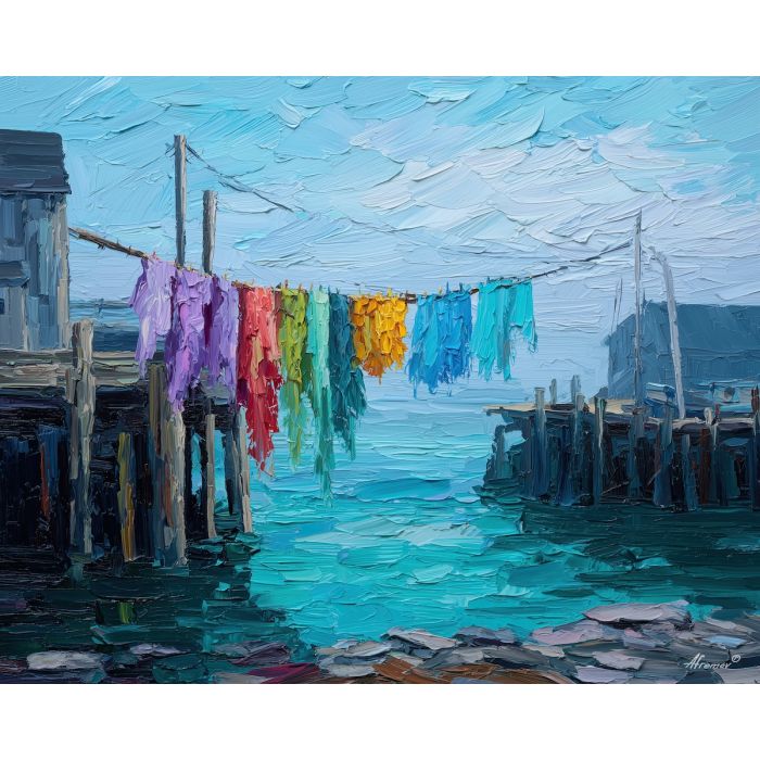 still, reach, northern seascape, cold sea, arctic ocean, fishing nets, coastal water, palette knife, oil painting, impasto, thick paint, textured surface, marine scene, cold atmosphere, painterly seascape, material depth, northern light