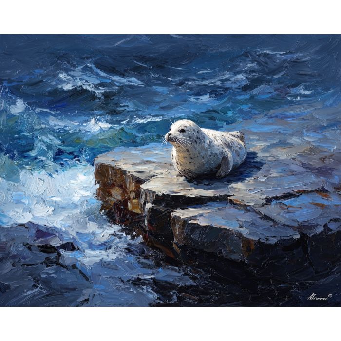 wide, crossing, northern seascape, cold sea, arctic ocean, seal, coastal water, palette knife, oil painting, impasto, thick paint, textured surface, marine scene, cold atmosphere, painterly seascape, material depth, northern light