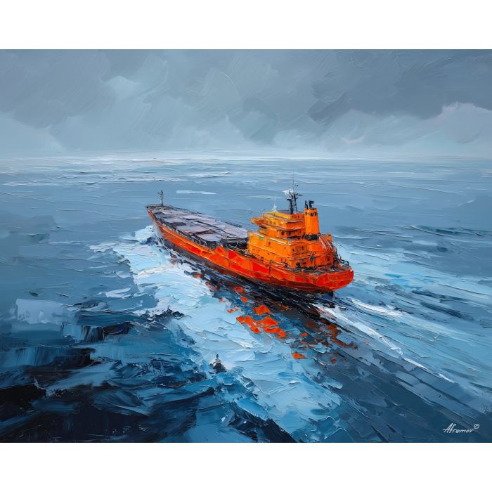 wide, line, northern seascape, cold sea, arctic ocean, cargo ship, coastal water, palette knife, oil painting, impasto, thick paint, textured surface, marine scene, cold atmosphere, painterly seascape, material depth, northern light