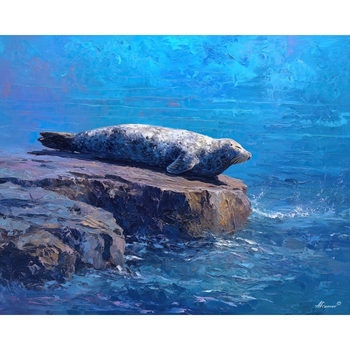 wide, stretch, northern seascape, cold sea, arctic ocean, seal, coastal water, palette knife, oil painting, impasto, thick paint, textured surface, marine scene, cold atmosphere, painterly seascape, material depth, northern light