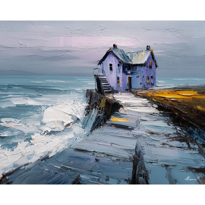 windy, north, northern seascape, cold sea, arctic ocean, house, coastal water, palette knife, oil painting, impasto, thick paint, textured surface, marine scene, cold atmosphere, painterly seascape, material depth, northern light