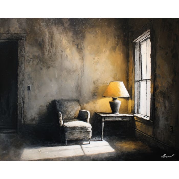 black and white interior,warm light,oil painting