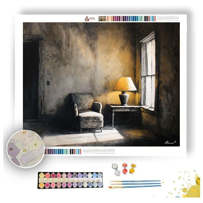 ASHEN ROOM WITH HONEY LAMP B&W - Paint by Numbers Full Kit