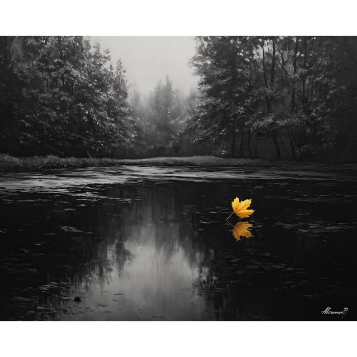 black and white nature,golden leaf,oil painting