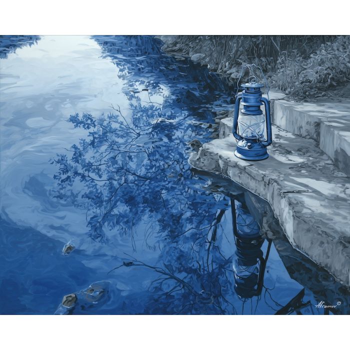 black and white river,blue lantern,oil painting