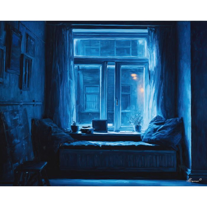 black and white interior,blue window,oil painting
