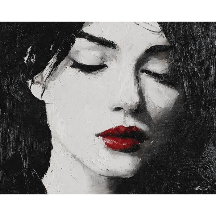 black and white portrait,red lips,emotional focus,oil painting