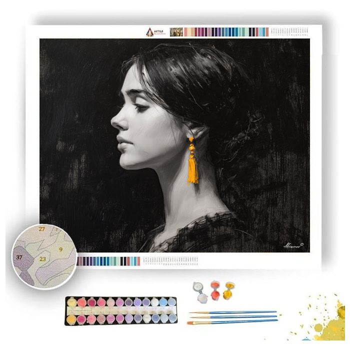 CHARCOAL PORTRAIT WITH SAFFRON EARRING B&W - Paint by Numbers Full Kit