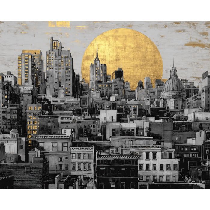 black and white city,golden sun,oil painting