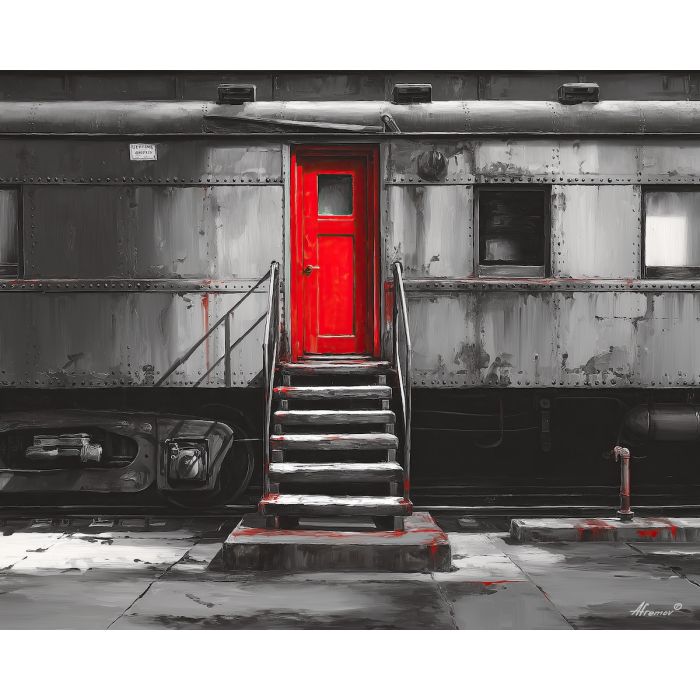 black and white,train station,red accent,oil painting