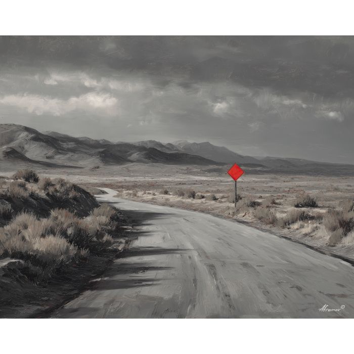black and white desert,red accent,landscape,oil painting