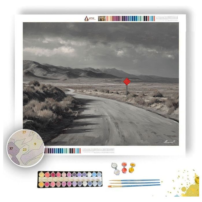 DESERT ROAD WITH VERMILION SIGN B&W - Paint by Numbers Full Kit