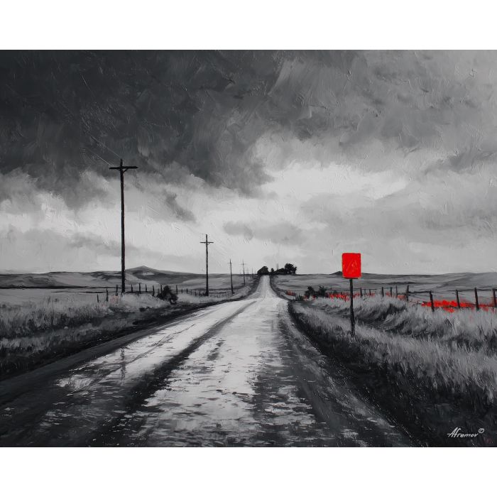 black and white rural,red accent,landscape,oil painting