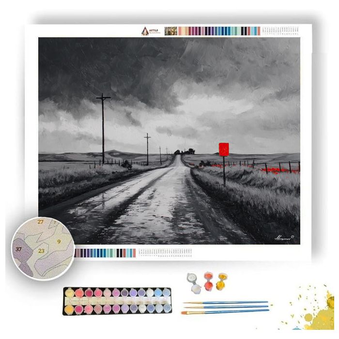 DUST ROAD WITH VERMILION SIGN B&W - Paint by Numbers Full Kit