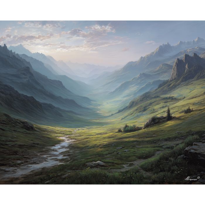 valley light,fading day,oil painting
