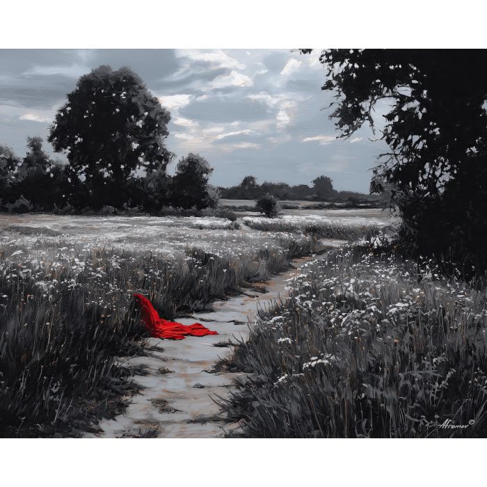black and white field,red accent,pathway,oil painting