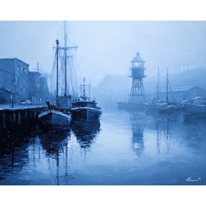 black and white harbor,blue light,foggy mood,oil painting