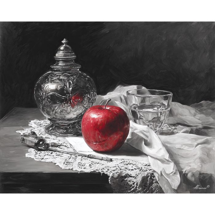 black and white still life,red apple,oil painting