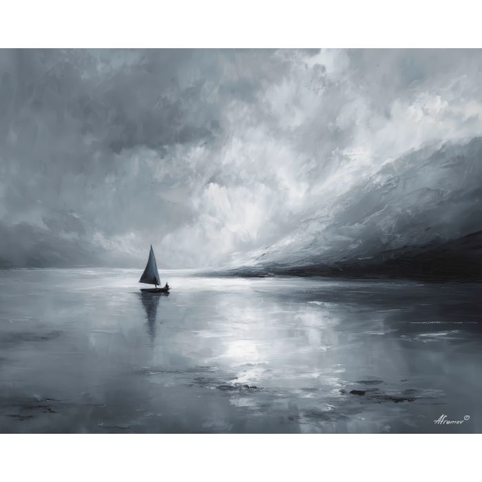 black and white lake,blue sail,landscape,oil painting