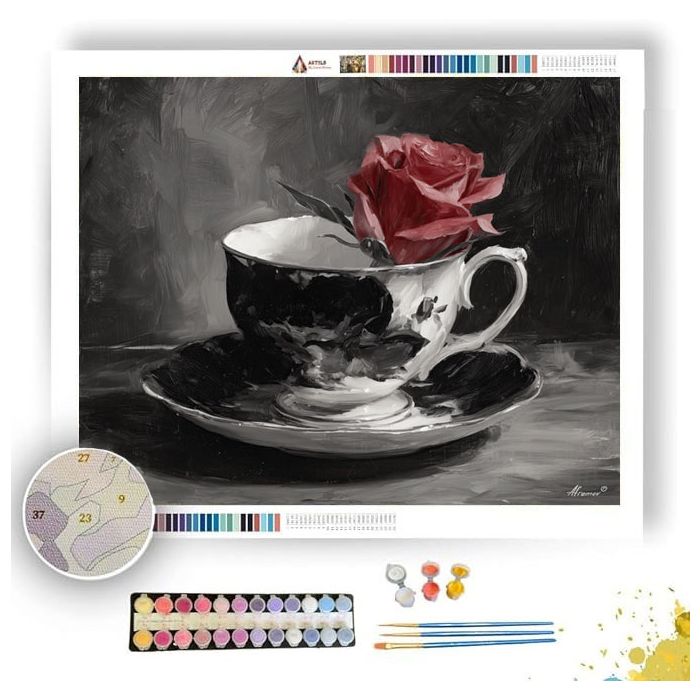 MONOCHROME TEACUP WITH ROSE B&W - Paint by Numbers Full Kit