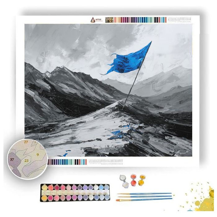 MOUNTAIN PASS WITH AZURE FLAG B&W - Paint by Numbers Full Kit