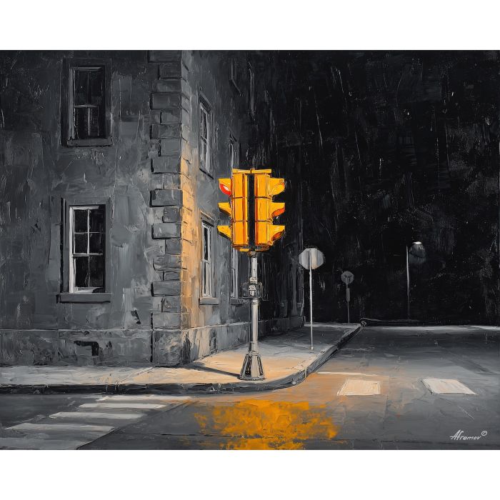 black and white street,gold accent,night city,oil painting