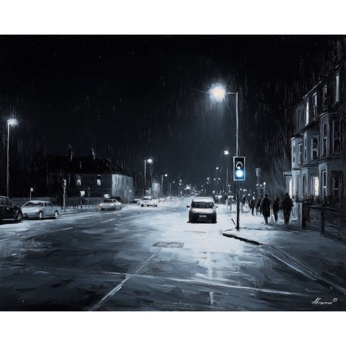 black and white street,blue accent,night city,oil painting