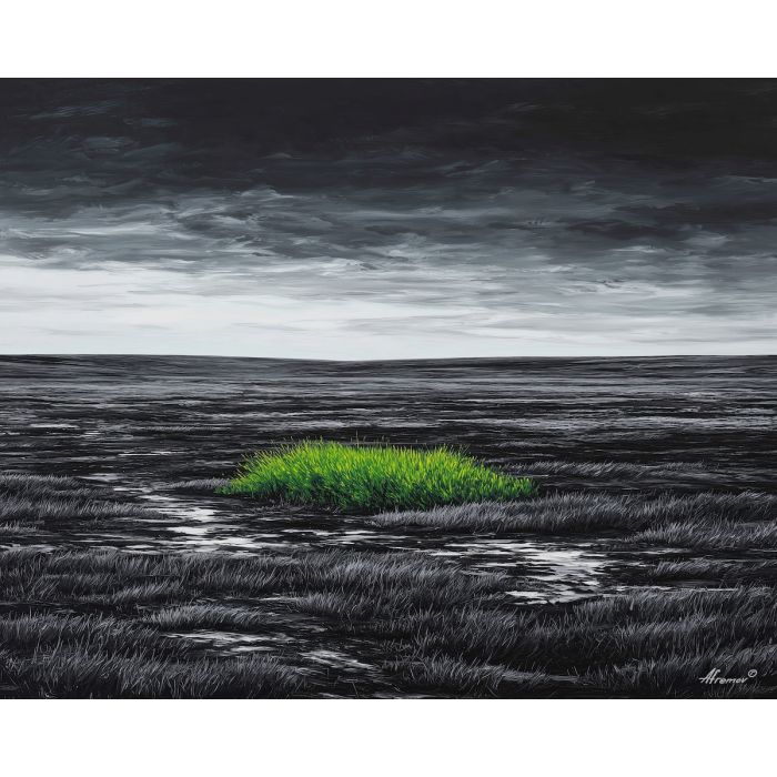 black and white landscape,green accent,open field,oil painting