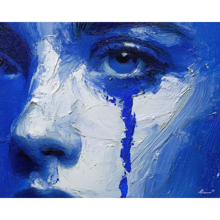 black and white portrait,blue tear,emotional art,oil painting