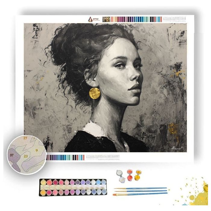 PORTRAIT IN ASH WITH GOLD EARRING B&W - Paint by Numbers Full Kit