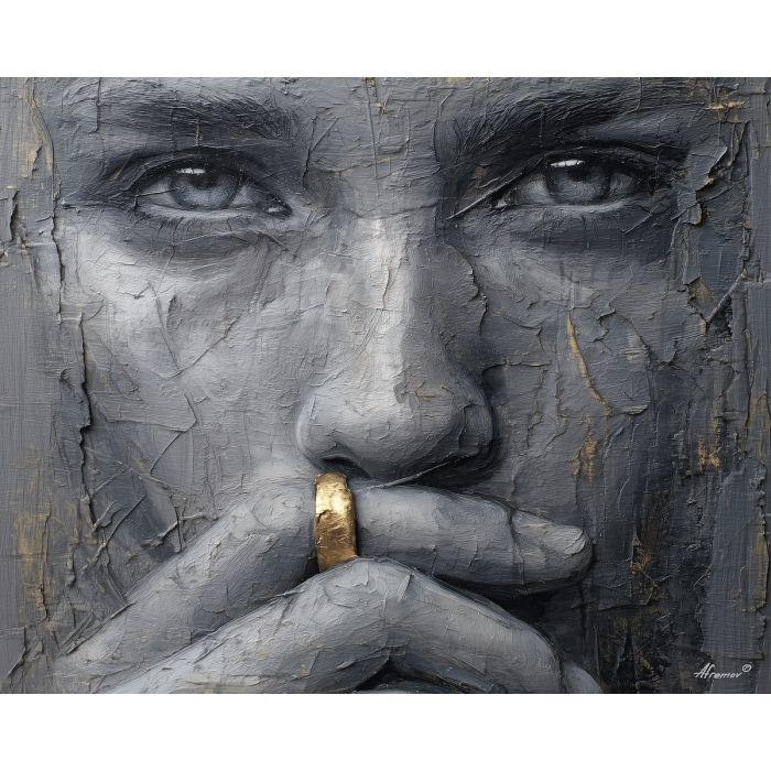 black and white portrait,gold accent,oil painting