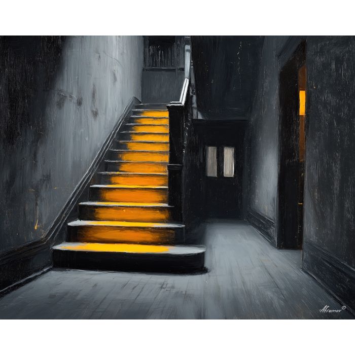 black and white interior,amber accent,architecture,oil painting