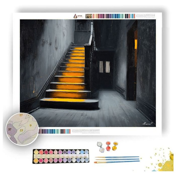 QUIET STAIRS WITH AMBER STEP B&W - Paint by Numbers Full Kit