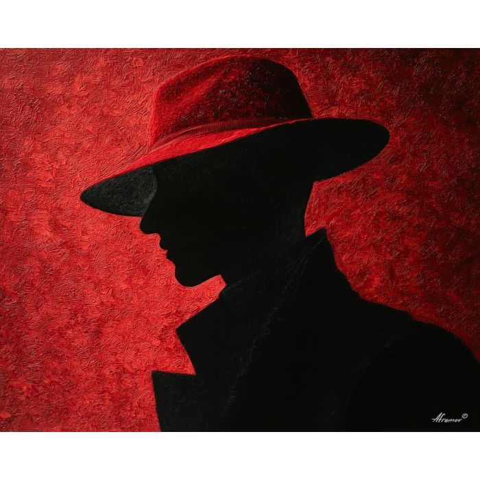 black and white portrait,red hat,oil painting