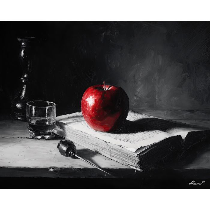 black and white still life,red apple,oil painting