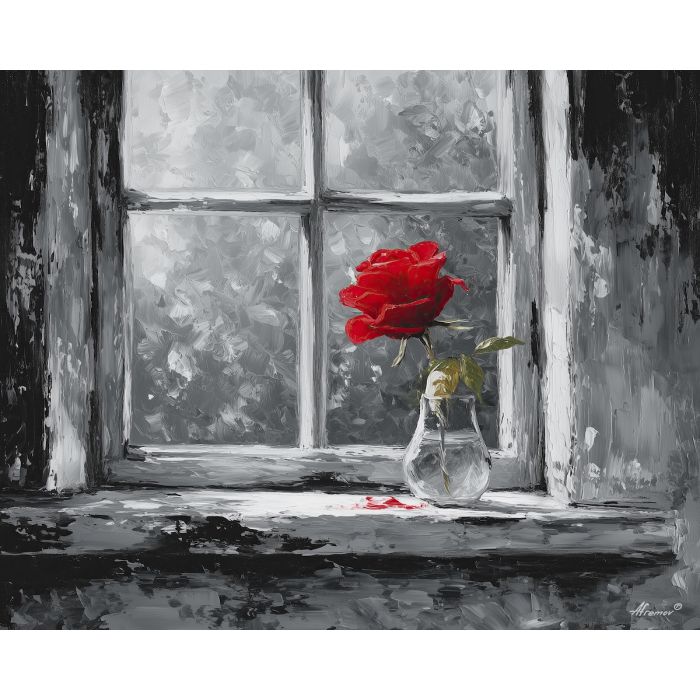 black and white still life,red rose,oil painting
