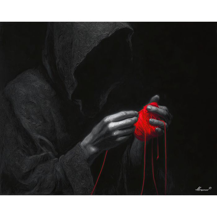 black and white figure,red thread,symbolic art,oil painting