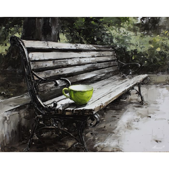 black and white park,green accent,still scene,oil painting