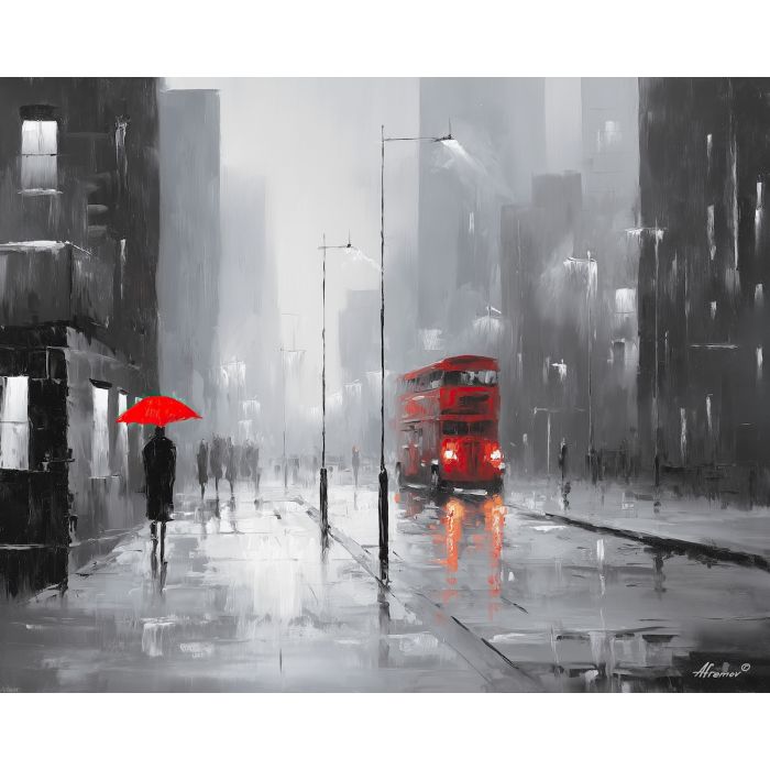 black and white painting,red umbrella,rainy city,monochrome street,oil painting,cinematic mood