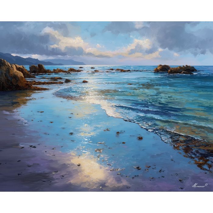 calm shore,soft tide,oil painting