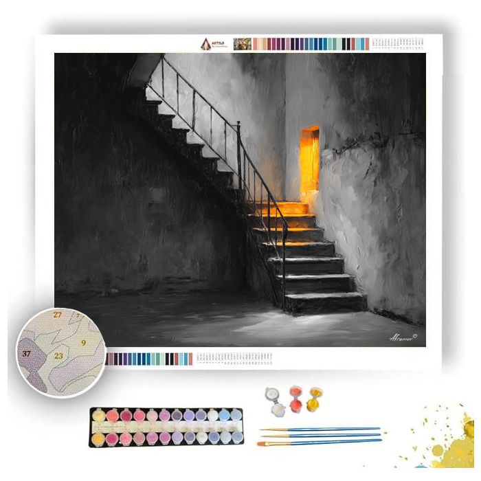 STAIRCASE SHADOW WITH AMBER STEP B&W - Paint by Numbers Full Kit